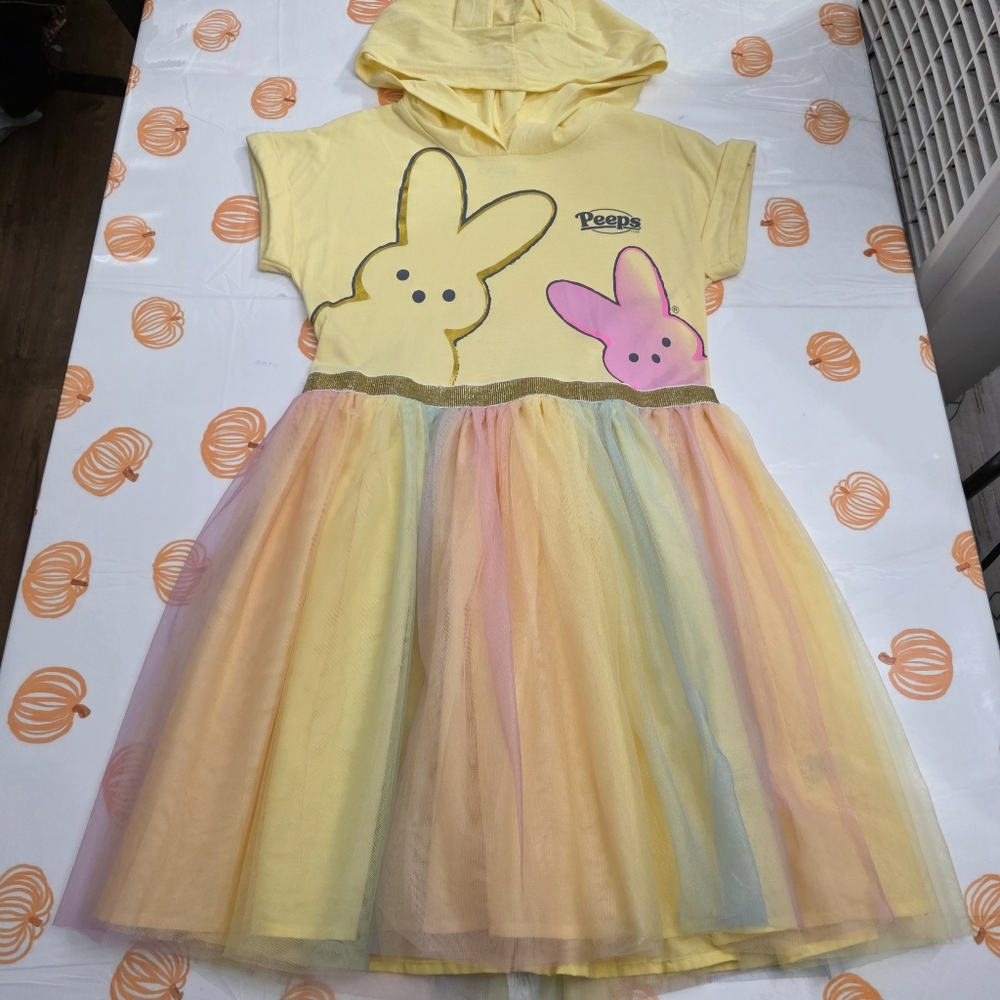 Girls Peeps Hooded Bunny Colorful Rainbow Tulle Yellow Costume Dress Size 10/12